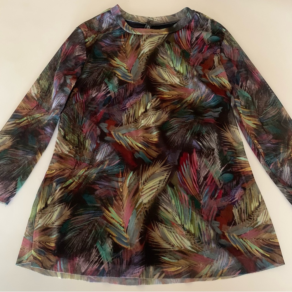 Elaua Kattau Vintage Top Peacock Feather Print Mesh Stretch Lined Sz L nylon